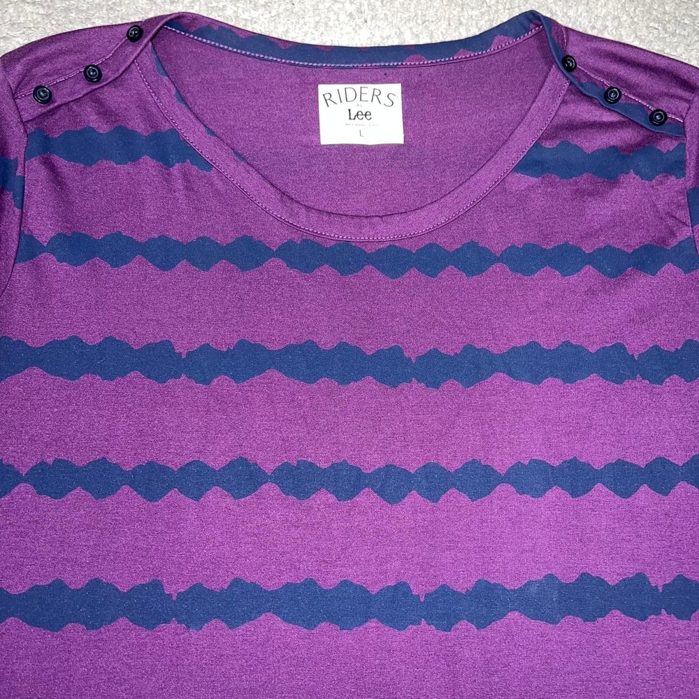 Riders by Lee Shirt Women's Size L Purple Blue Scalloped Striped 3/4 Sleeve Top - Picture 3 of 7